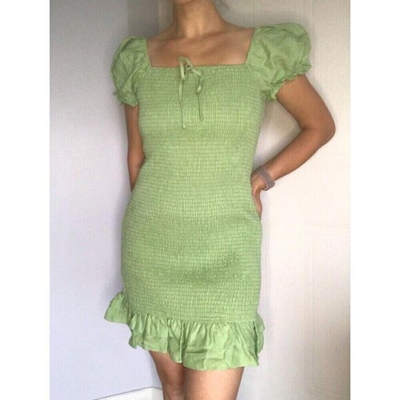 English Factory Green Smocked Mini Dress L Puff Sleeve Ruffle Hem Western Boho - Picture 6 of 12